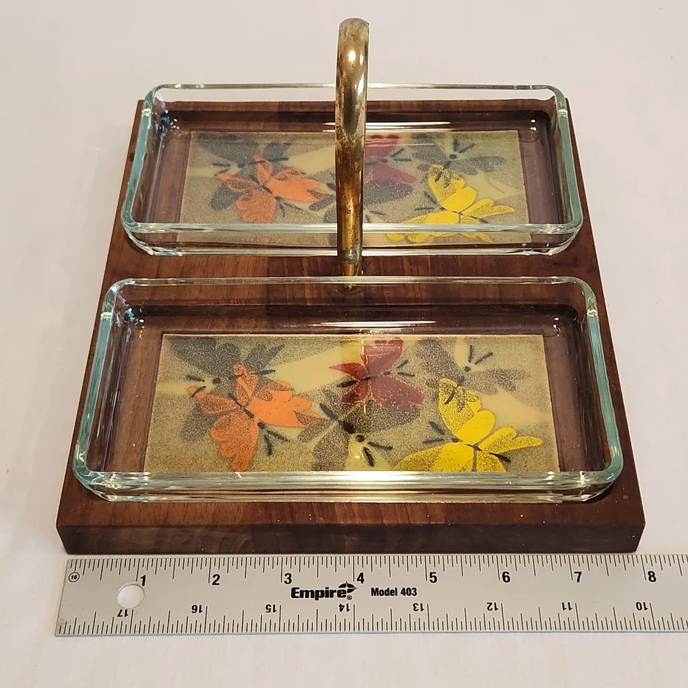 Ernest Sohn Vintage MCM Doubke Relish Serving Tray‎ Butterflies Wood Glass